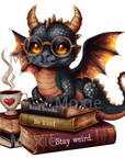 Black dragon sitting on books cute bookish dragon wearing glasses graphics for acrylic blanks and decals crafting to make badge reels and keychains.