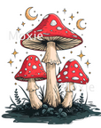 Celestial Mushrooms Decal & Acrylic Blank Combo crafting supplies for making decorative badge reels and keychains. UV DTF decal and coordinating clear acrylic blank for the glitter resin crafters. Night stars behind three red cap mushrooms (Amanita Muscaria), mystical forest