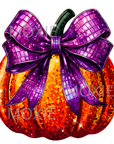Disco Pumpkin Orange Purple Bow Acrylic Blank & Decal combo crafting supplies for making decorative badge reels and keychains. Clear acrylic blank and UV DTF decal crafting supplies for the glitter resin crafters.