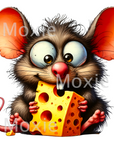 Funny Mouse Decal & Acrylic Blank Combo crafting supplies for making decorative badge reels and keychains. UV DTF decal and coordinating clear acrylic blank for the glitter resin crafters. Brown mouse eating cheese.