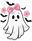 Girl Ghost Pink Bow Halloween Acrylic Blank & Decal combo crafting supplies for making decorative badge reels and keychains. Clear acrylic blank and UV DTF decal crafting supplies for the glitter resin crafters.