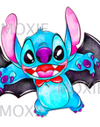 Halloween Stitch Bat Acrylic Blank & Decal combo crafting supplies for making decorative badge reels and keychains. Clear acrylic blank and UV DTF decal crafting supplies for the glitter resin crafters. Blue Vampire Stitch with bat wings.
