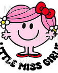 Little Miss Girlie Decal & Acrylic Blank Combo crafting supplies for making decorative badge reels and keychains. UV DTF decal and coordinating clear acrylic blank for the glitter resin crafters. Pink Little Miss Girlie with red bow and daisies in hair.