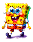 Sponge Bob Decal & Acrylic Blank Combo crafting supplies for making decorative badge reels and keychains. UV DTF decal and coordinating clear acrylic blank for the glitter resin crafters. Yellow Sponge Bob Square Pants character walking.