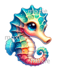 Seahorse Decal & Acrylic Blank Combo crafting supplies for making decorative badge reels and keychains. UV DTF decal and coordinating clear acrylic blank for the glitter resin crafters. Cute baby seahorse with ombre shades of blue/green/orange/red