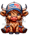 American Girl Cow Decal & Acrylic Blank Combo crafting supplies for making decorative badge reels and keychains.  UV DTF decal and coordinating clear acrylic blank for the glitter resin crafters.  Cute baby highland cow with American Girl Trucker Hat and braids.  