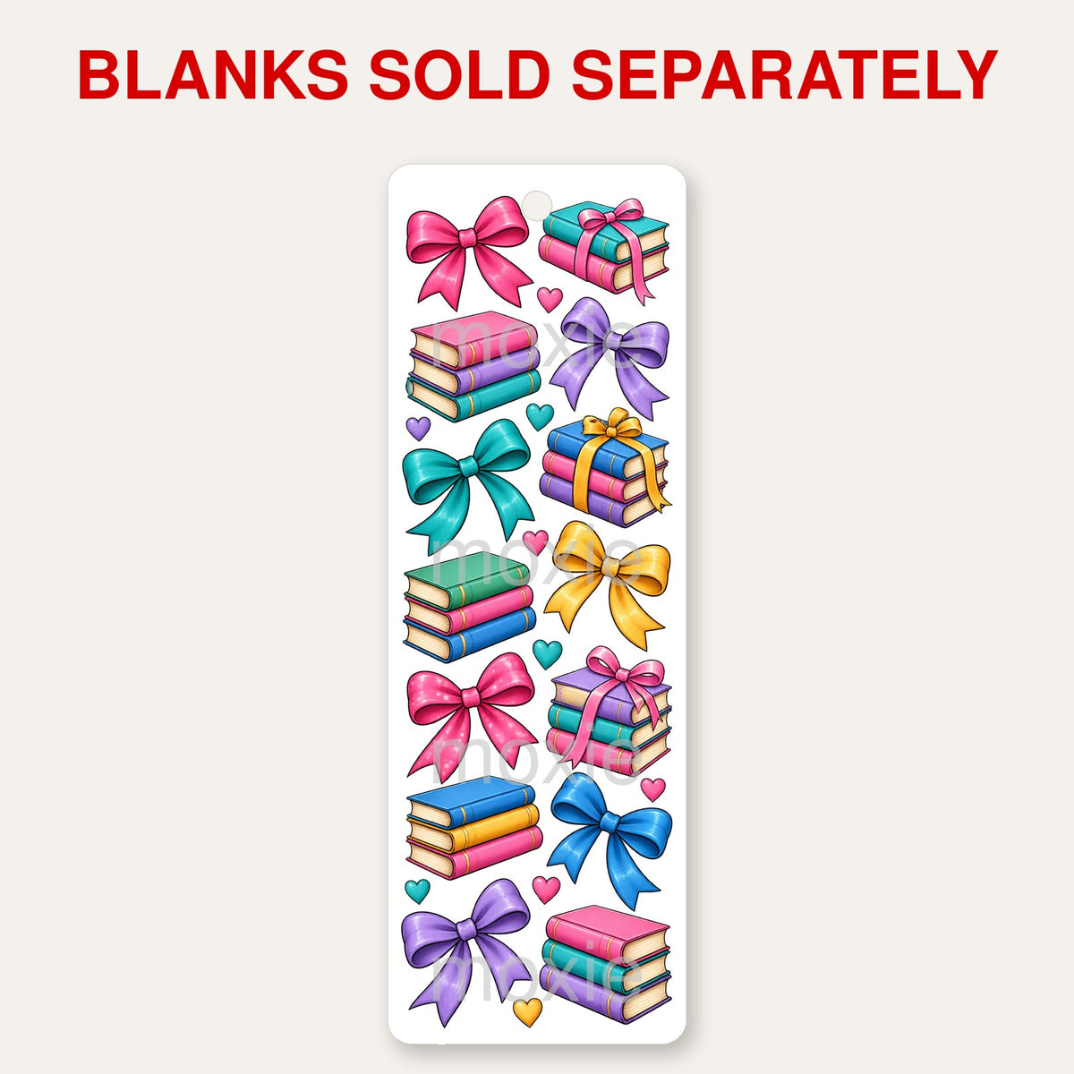 Bows and Books bookmark UV DTF decal shown on an acrylic bookmark blank, blanks sold separately