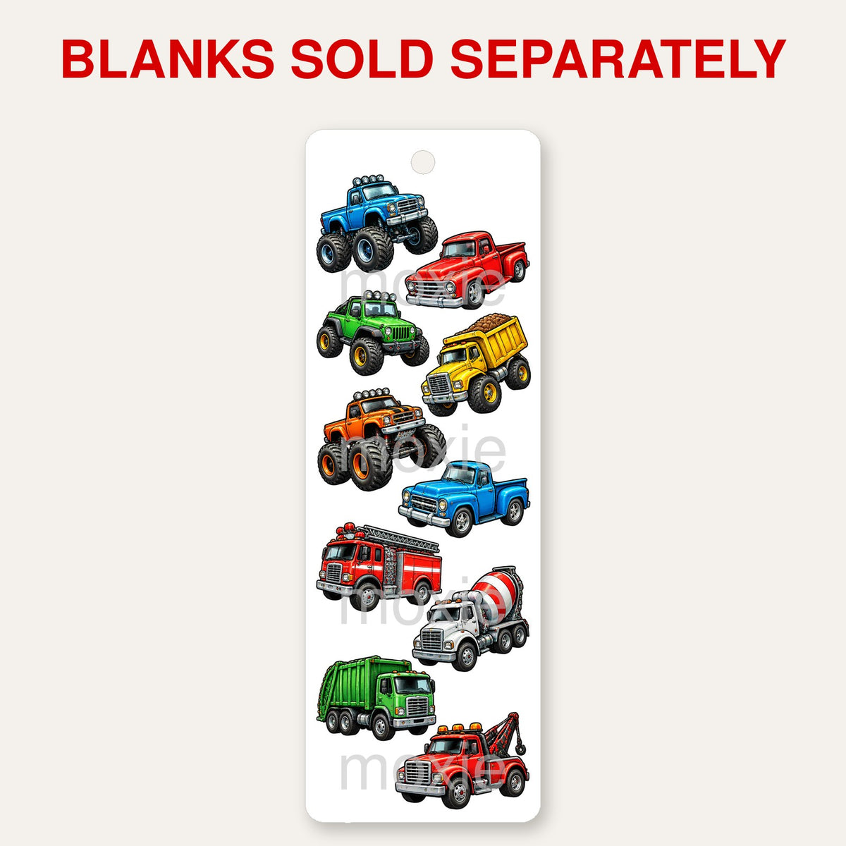 Trucks bookmark UV DTF decal shown on an acrylic bookmark blank, blanks sold separately