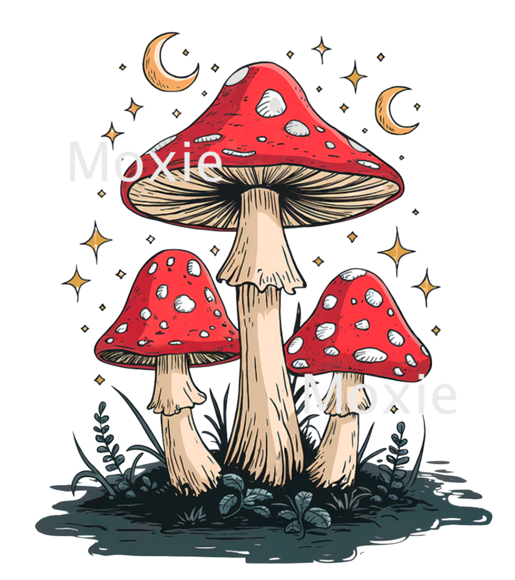 Celestial Mushrooms Decal & Acrylic Blank Combo crafting supplies for making decorative badge reels and keychains.  UV DTF decal and coordinating clear acrylic blank for the glitter resin crafters.  Night stars behind three red cap mushrooms (Amanita Muscaria), mystical forest