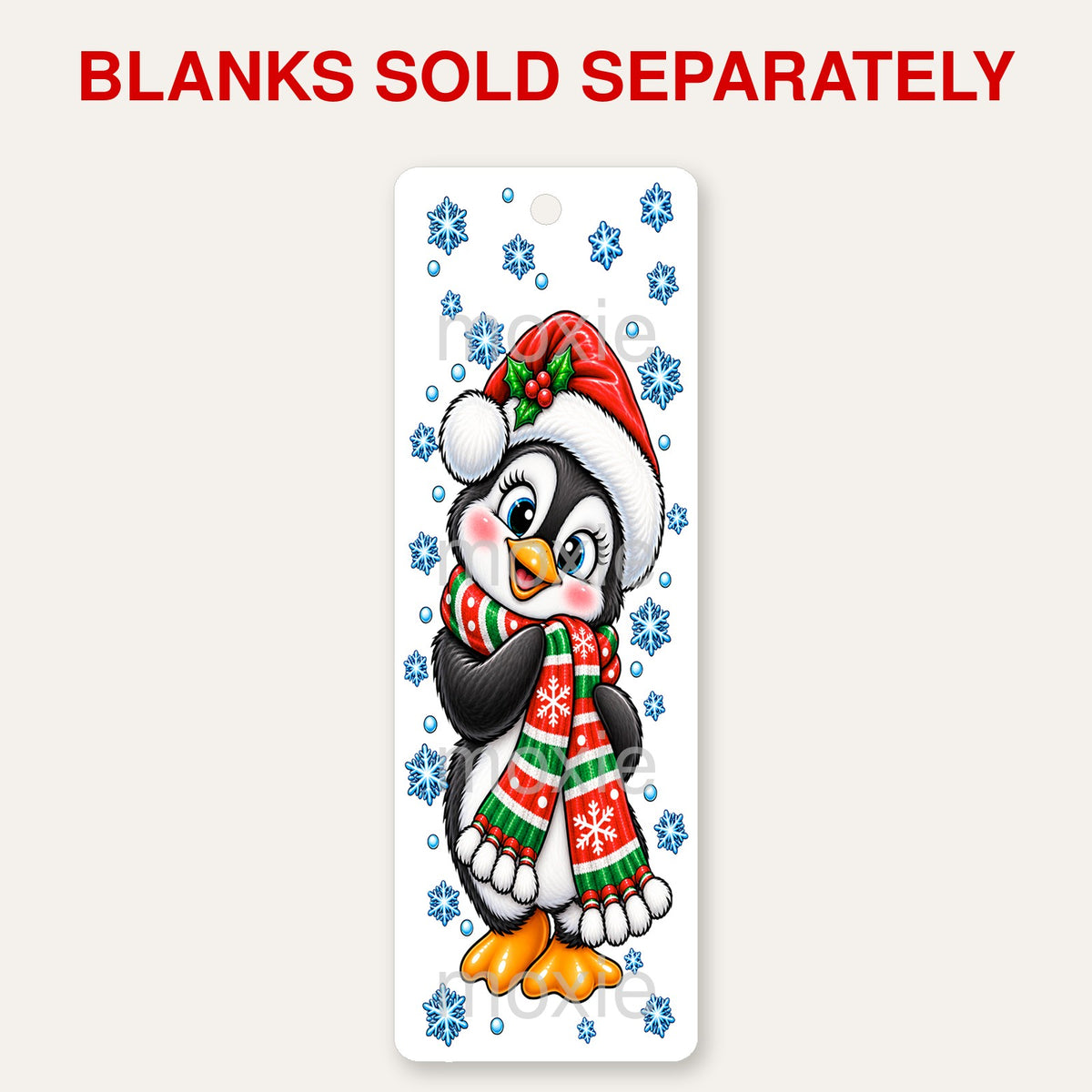 Penguin bookmark UV DTF decal shown on an acrylic bookmark blank, blanks sold separately