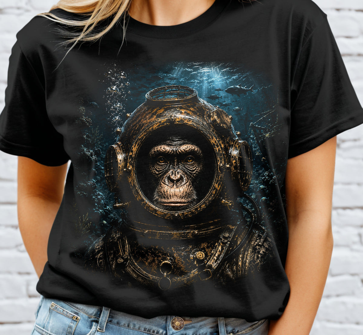 Chimp Diving Helmet Halftone DTF Transfer