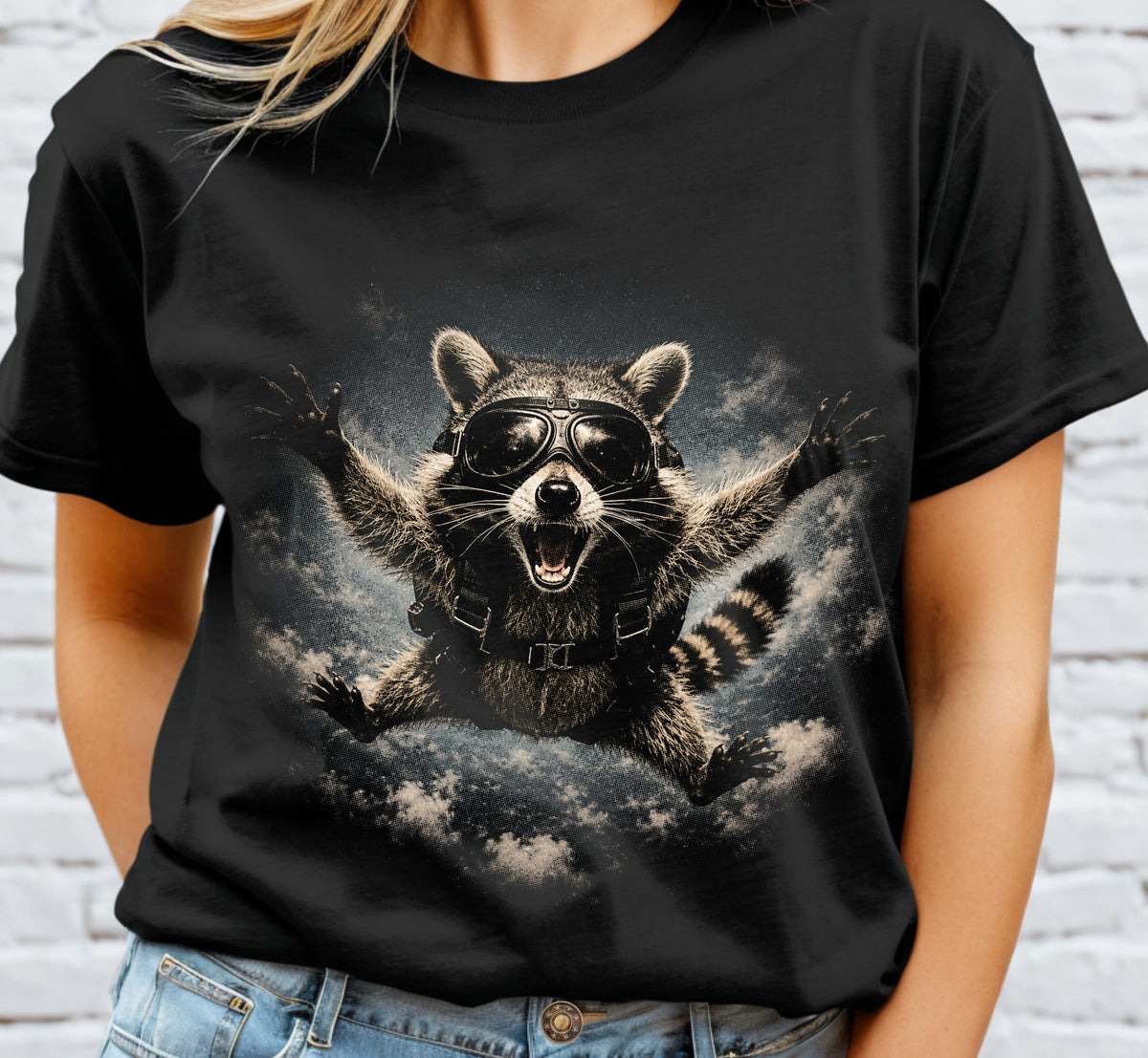 Raccoon Skydiving Halftone DTF Transfer