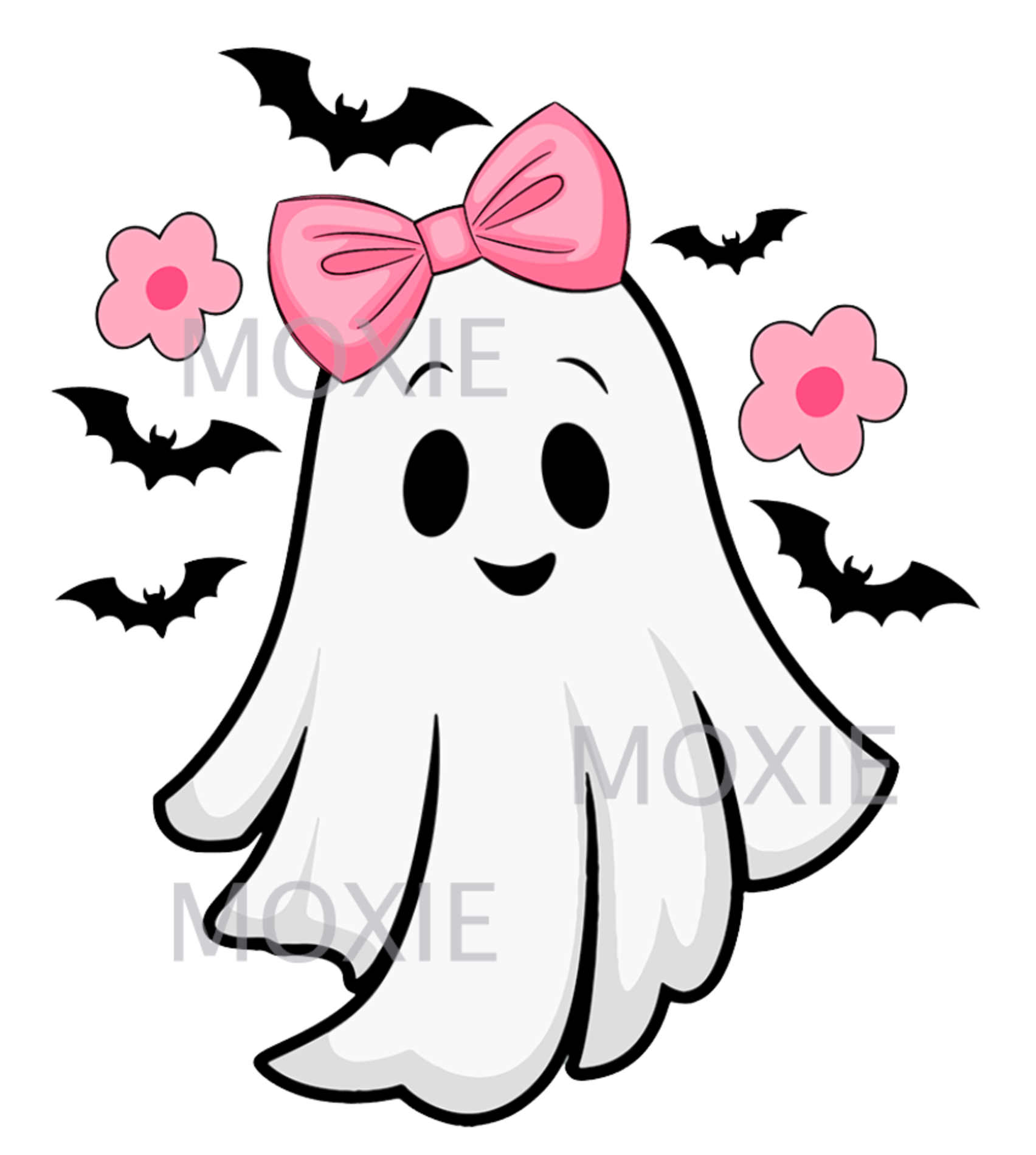 Girl Ghost Pink Bow Halloween Acrylic Blank & Decal combo crafting supplies for making decorative badge reels and keychains.  Clear acrylic blank and UV DTF decal crafting supplies for the glitter resin crafters.