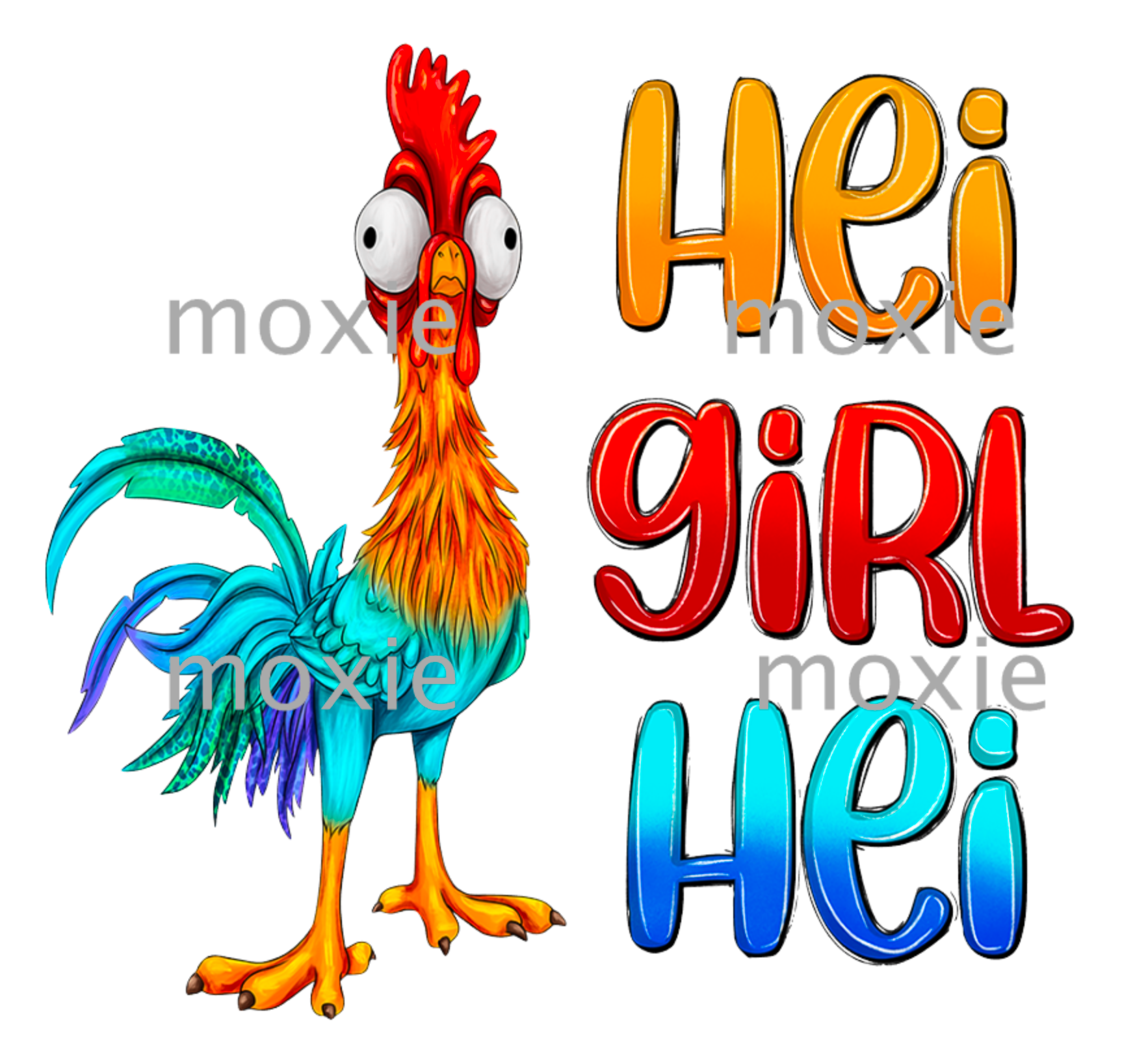 Hei Girl Hei Decal & Acrylic Blank Combo crafting supplies for making decorative badge reels and keychains.  UV DTF decal and coordinating clear acrylic blank for the glitter resin crafters.  Hei Hei rooster, Moana, funny sayings, idioms, novelty, humorous
