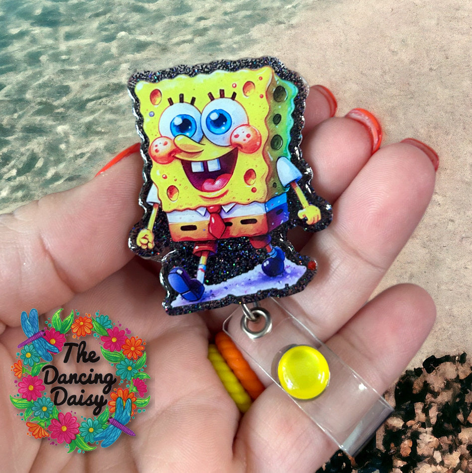 Sample product created with Sponge Bob Decal & Acrylic Blank Combo. Glitter Crafting, Badge Reels