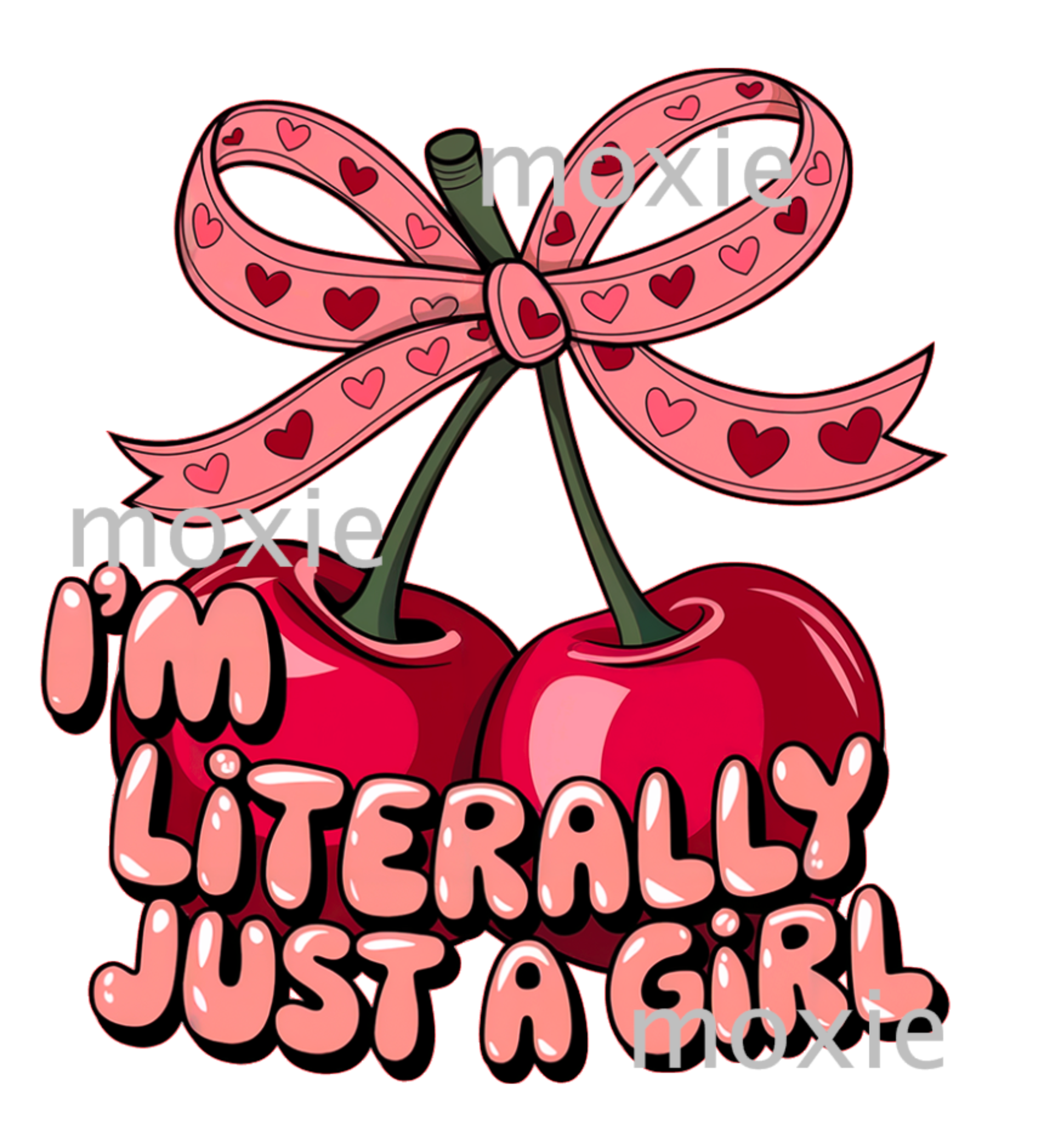 Cherries tied with a pink bow with hearts and "I'm Literally Just a Girl" in pink text. Literally Just A Girl Decal & Acrylic Blank Combo crafting supplies for making decorative badge reels and keychains.  UV DTF decal and coordinating clear acrylic blank for the glitter resin crafters.