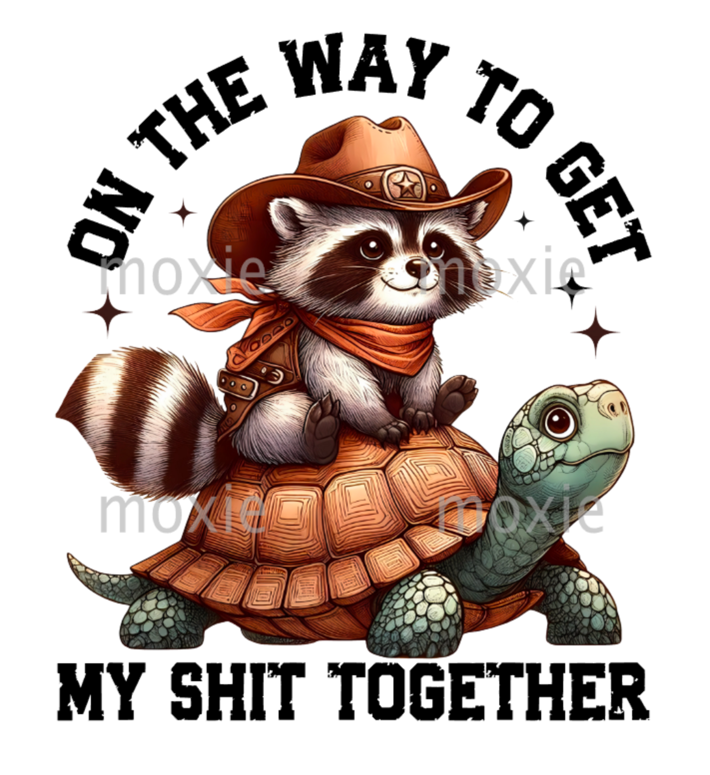 On Way To Get Shit Together Decal & Acrylic Blank Combo crafting supplies for making decorative badge reels and keychains.  UV DTF decal and coordinating clear acrylic blank for the glitter resin crafters. Raccoon in western wear riding a turtle with "On the way to get my shit together" text.  Funny sayings, idioms, novelty, humorous