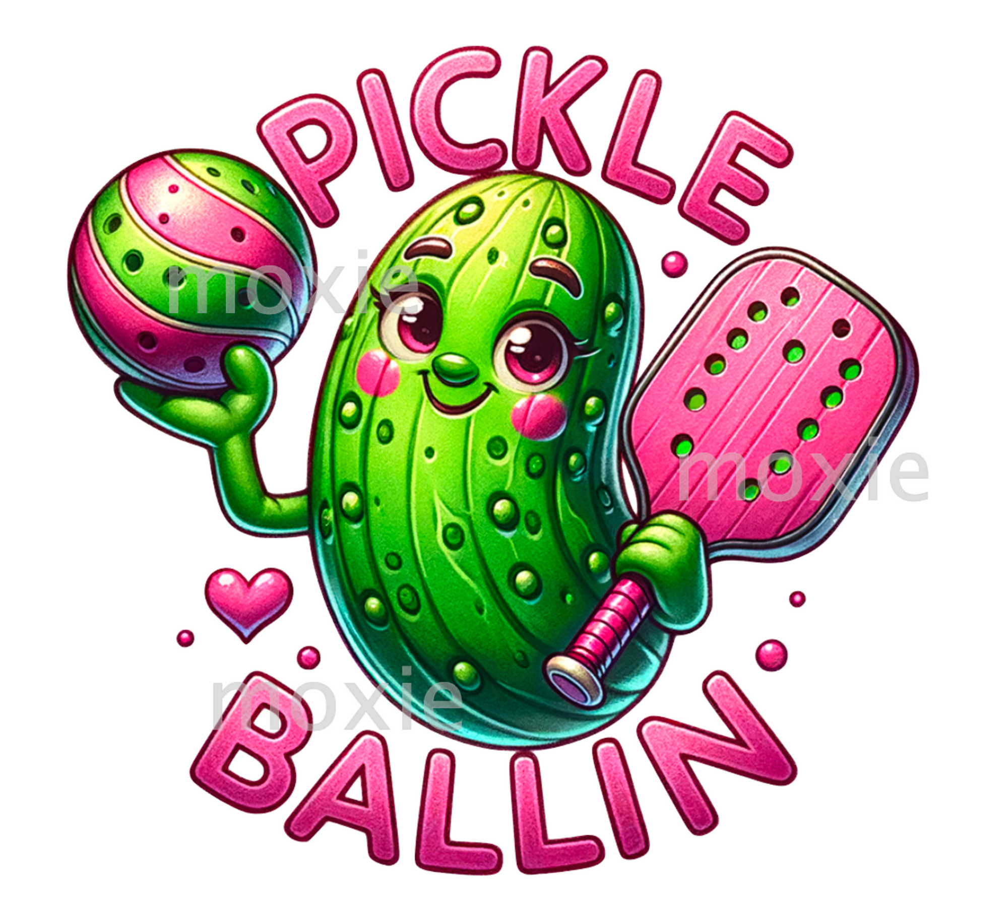 Pickle Ballin Decal &amp; Acrylic Blank Combo crafting supplies for making decorative badge reels and keychains.  UV DTF decal and coordinating clear acrylic blank for the glitter resin crafters. Green Pickle holding Pickle Ball and Bat with pink &quot;Pickle Ballin&quot; text.