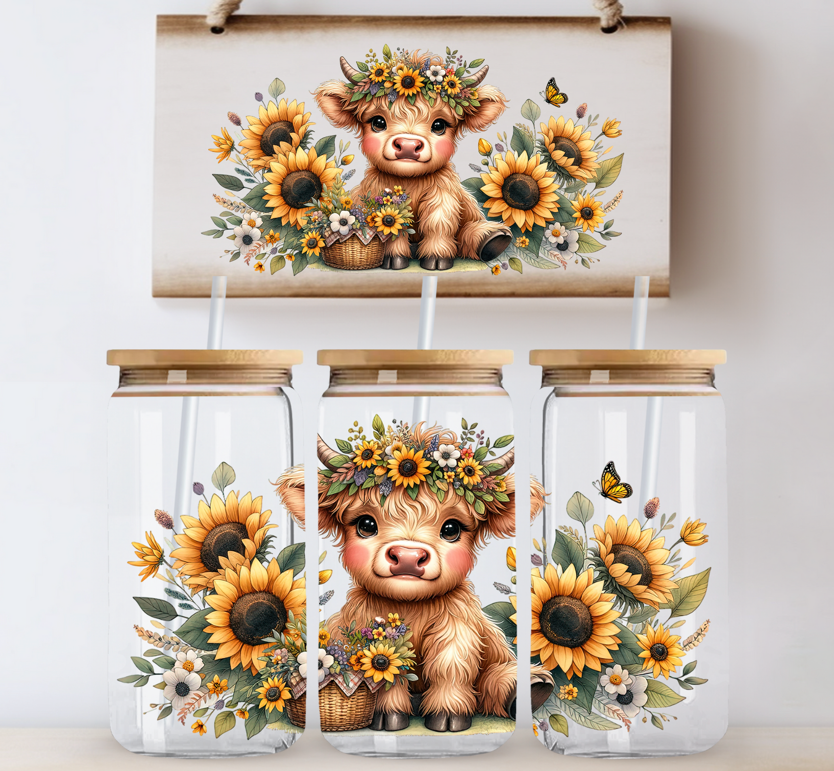 Highland Cow Sunflowers Glass Wrap
