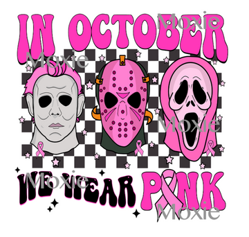 In October We Wear Pink Horror Characters UV DTF Transfer Decal