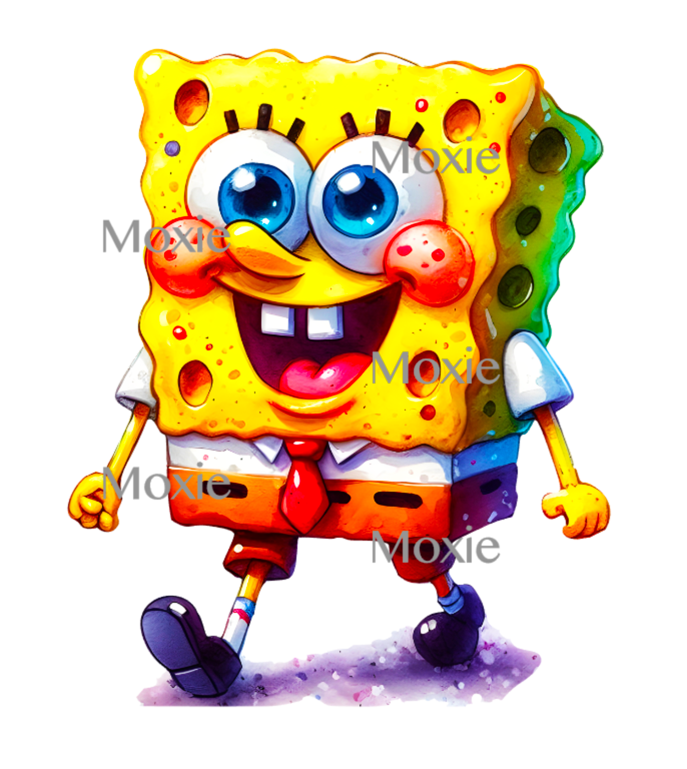 Sponge Bob Decal & Acrylic Blank Combo crafting supplies for making decorative badge reels and keychains.  UV DTF decal and coordinating clear acrylic blank for the glitter resin crafters.  Yellow Sponge Bob Square Pants character walking.