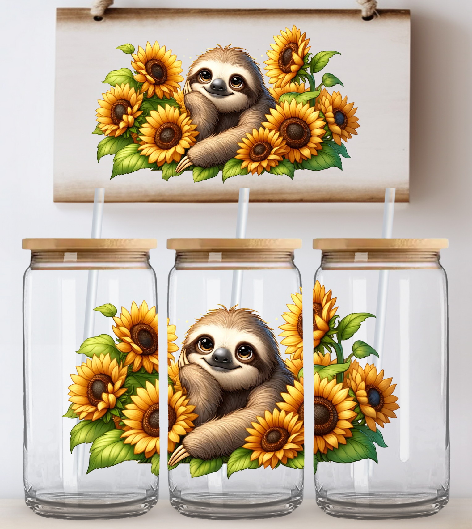 Sloth Sunflowers Glass Wrap