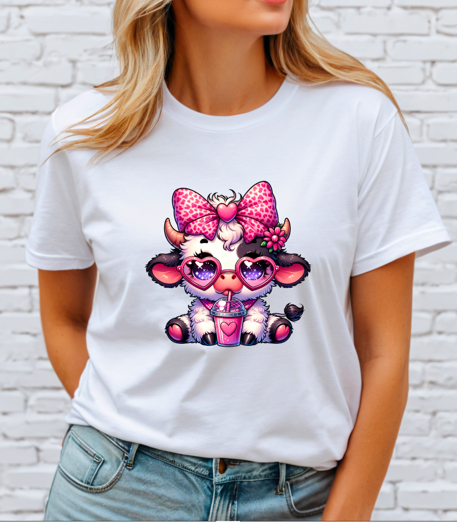 Pink coffee cow DTF Transfer