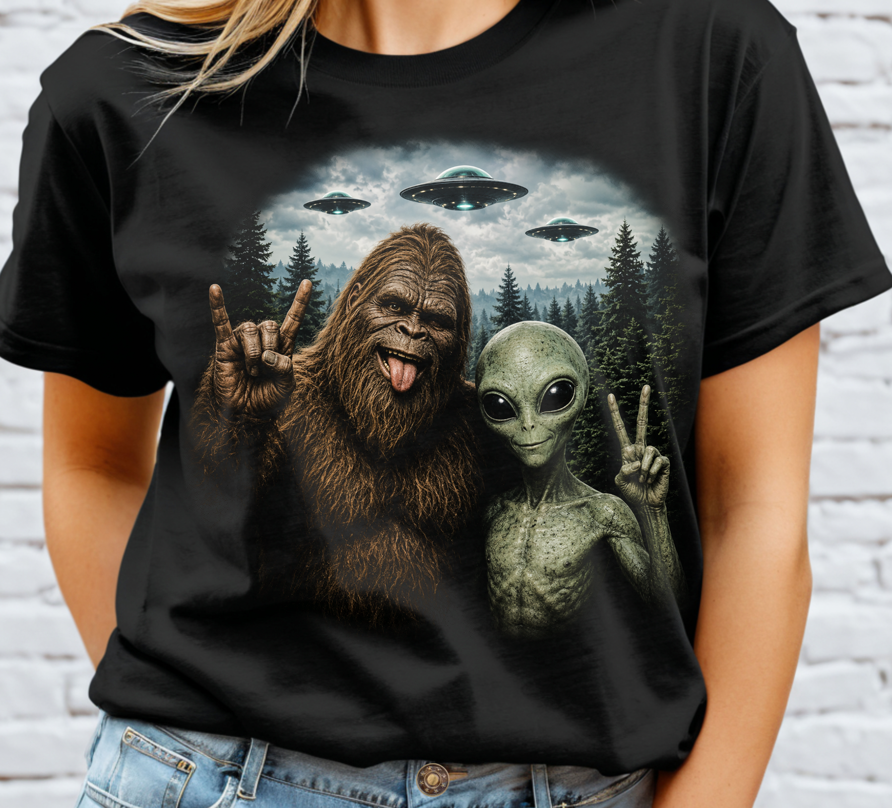 Bigfoot Alien Peace Halftone DTF Transfer
