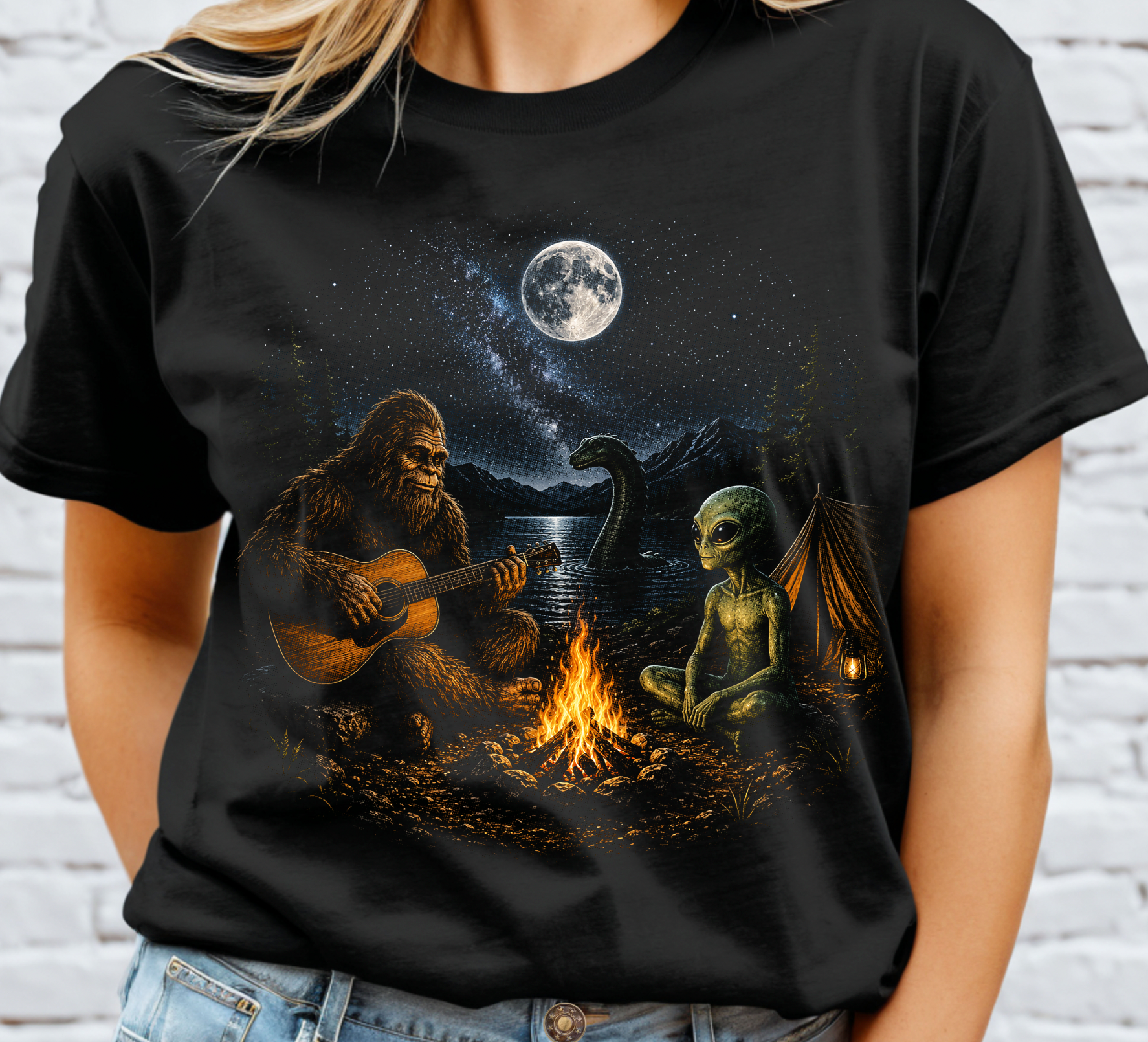 Bigfoot Alien Camping Halftone DTF Transfer