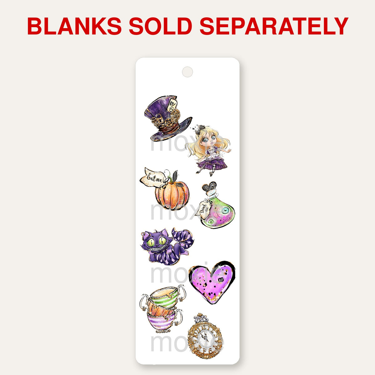 Wonderland bookmark UV DTF decal shown on an acrylic bookmark blank, blanks sold separately