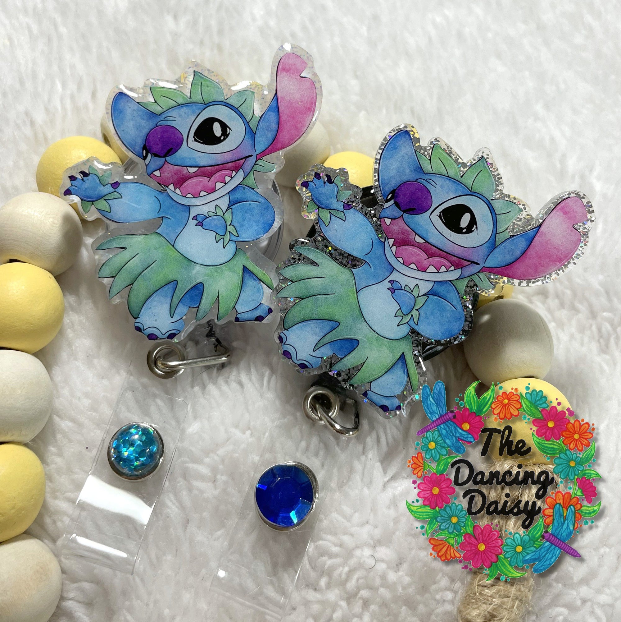 Sample product created with Hula Stitch Decal & Acrylic Blank Combo. Glitter Crafting, Badge Reels